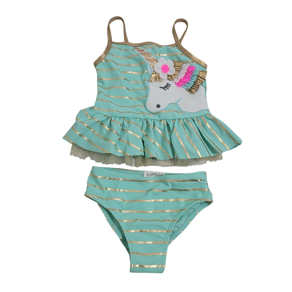 Flapoodles 2T Two Piece Swimsuit Toddler Girls Mint Gold Striped Unicorn Tankini